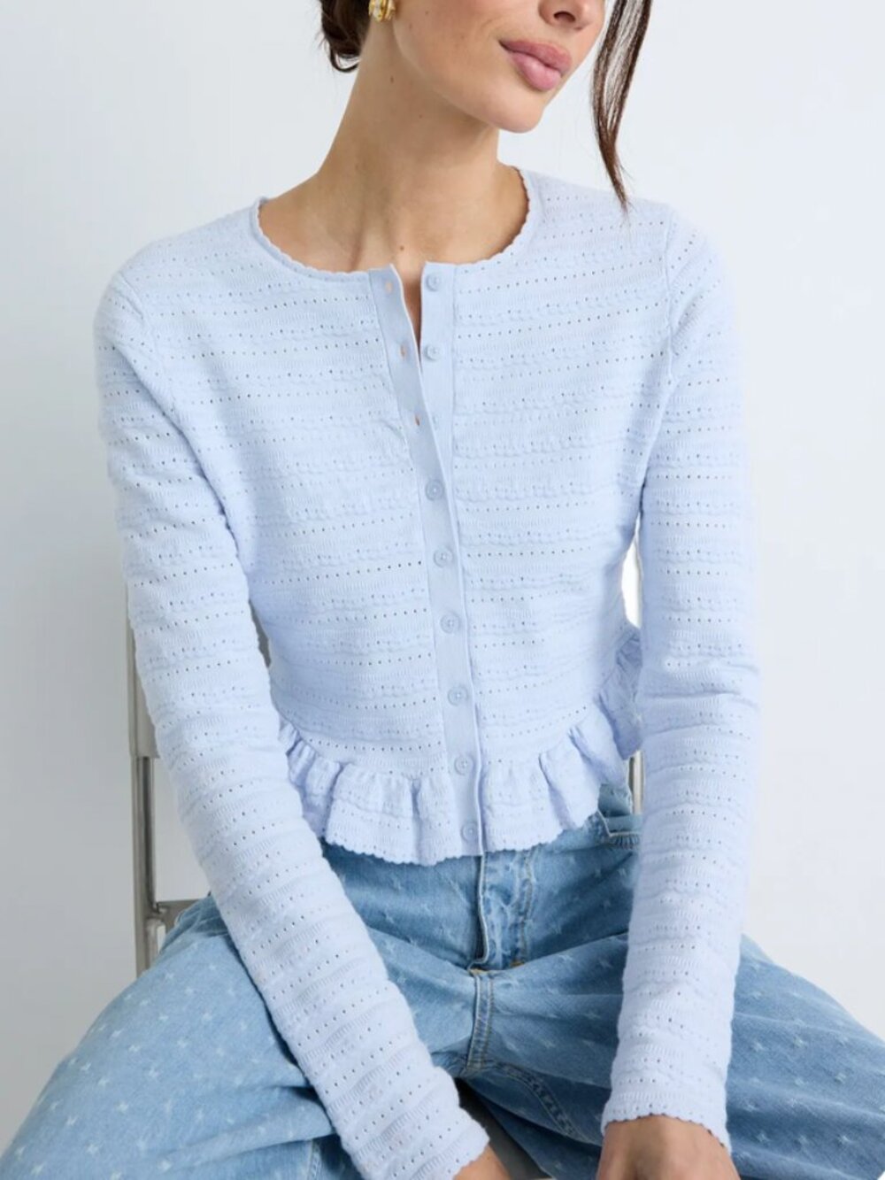 LoveShackFancy Rogan Pointelle Knit Cardigan - Morning Sky Blue